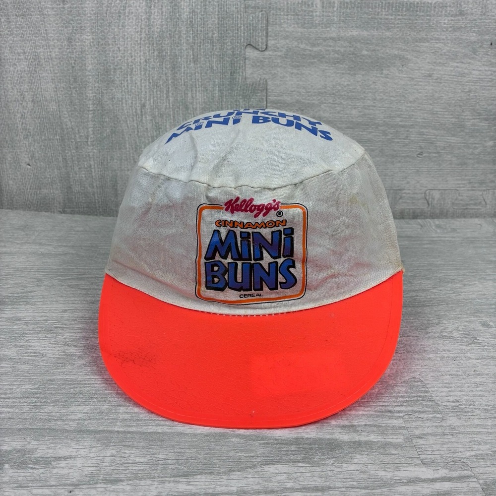 Vintage Kelloggs Painters Hat Cap Fitted Cinnamon Mini Buns Cereal White Orange